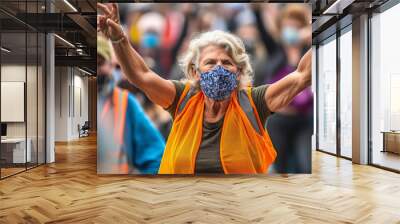 an elderly woman with short hair, anger and annoyance, protests and demonstrates, an uprising, climate protest or strike, fictional event and location Wall mural