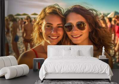 busy sandy beach, mass tourism, two young adult women on vacation in the tropics, fictional place, girlfriends in summer it summer clothes, tourism and tourists. Generative AI Wall mural