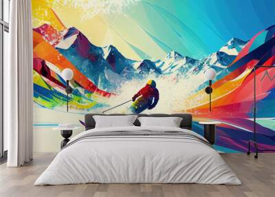 colors of winter sports, snow and mountains background, colorful, fictional place, Generative AI Wall mural