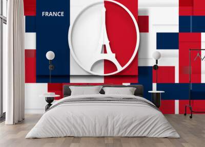 creative abstract background as the colors of the flag of France, french, tiled, tiles rectangles with simplified icon symbol of Eiffel Tower of Paris
 Wall mural