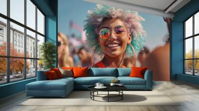 festival party or meeting, fictional event, young adult woman with colorful dyed hair and sunglasses outdoors in a crowd of people Wall mural