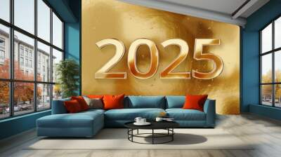 golden metallic year  2025, font-weight: bold, isolated 3d-illustration, flat style, long dark letter-shadows Wall mural