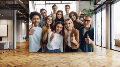 Group of young adult people as work colleagues in a team in a group photo with thumbs up in the sunlit office room at work, multicultural business, profession and successful everyday working life Wall mural