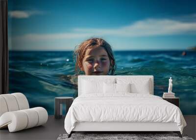 little child, girl swims in the ocean in the water, fictional place. Generative AI Wall mural