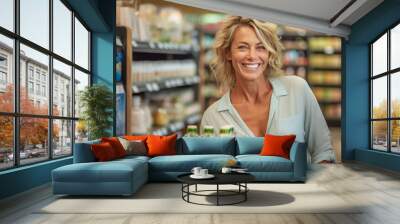 mature adult woman in a supermarket between two product shelves, smiling happy, blonde caucasian Wall mural