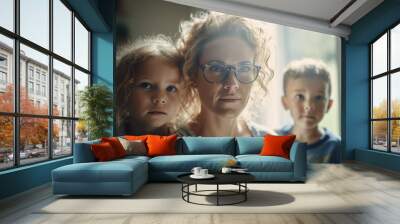 mature mother with glasses with two children at the patio door overlooking the garden, daughter girl and son boy. Generative AI Wall mural