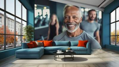 middle aged elderly man, gray hair, muscular and fit, healthy lifestyle and sport and fitness in gym, smiling and having fun and joy in retirement age leisure time Wall mural