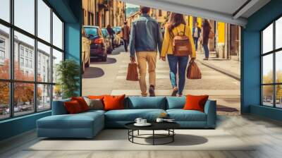 narrow side street with locals and old buildings, parked cars, couple of man and woman with shopping bags and backpacks, tourism doer shopping tour in the old town, fictitious place Wall mural