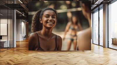 natural attractive beautiful young adult woman playing volleyball. Generative AI Wall mural