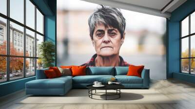 older caucasian woman in plaid shirt, stern expression, gray hair, appears determined and resilient, standing in urban setting, suggests European descent, exuding strength and confidence. Wall mural