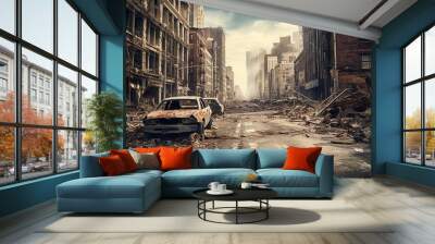 Post apocalyptic city background. Destroyed buildings, cracked road Generative AI Wall mural