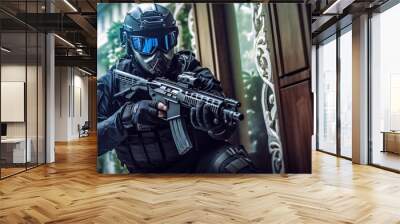 Soldiers or Police special operations fighters dark uniform, helmet with ballistic goggles, armed assault rifle breaking in, drama lights dramatic fictional scene. Generative AI Wall mural