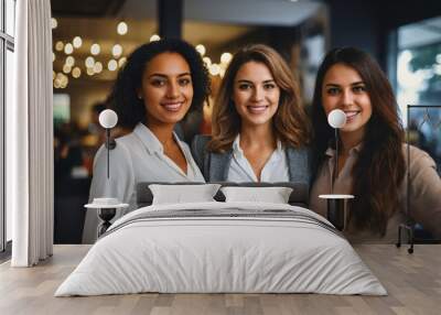 three happy colleagues or friends or group or team, women 30 years old or 40, intercultural multiracial and caucasian, smiling in a good mood, in the office Wall mural