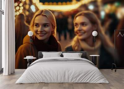 two friends, two young adult women in the evening at christmas time in a city at a christmas market or outside with christmas street decorations,. Generative AI Wall mural