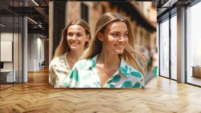 two young adult blonde caucasian women walking between old buildings in sunshine in summer shirt. Generative AI Wall mural