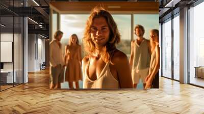 young adult male is transgender or diverse, wearing women's tank top and long hair, friends in background, swiming pool villa or hotel room, on vacation, fictional location Wall mural