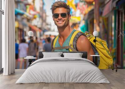 young adult man in muscle shirt with muscular body and sunglasses in a tourist street with many tourist people, fictional place. Generative AI Wall mural