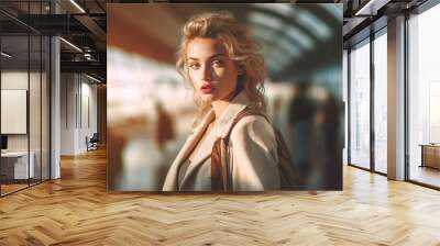 young adult woman at airport or train station, jacket and handbag, blonde long curly hair, large hall, travel or excursion, late afternoon sunset Wall mural