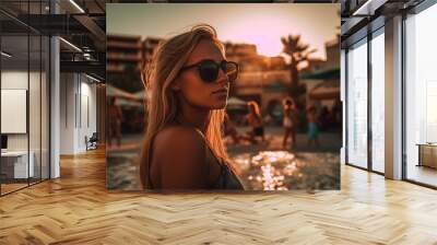 young adult woman at swimming pool with many other peopl, bikini fun and joy in summer vacation, fictitious place. Generative AI Wall mural