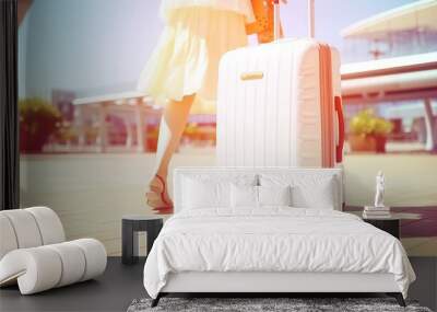 young adult woman wearing summer dress, short skirt, with suitcase on the way or arriving at the airport, sandals, summer light and sunshine, vacation trip and summer Wall mural