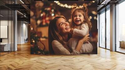 young adult woman with her child, toddler girl and mother woman hug, at christmas in living room with christmas presents and christmas tree. Generative AI Wall mural