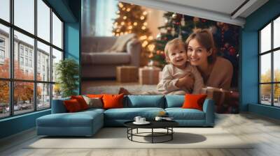 young adult woman with her child, toddler girl and mother woman hug, at christmas in living room with christmas presents and christmas tree. Generative AI Wall mural