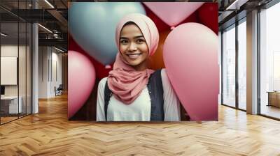 young teenage or young adult woman with heart shaped balloons and a smile, hijab or similar. Generative AI Wall mural