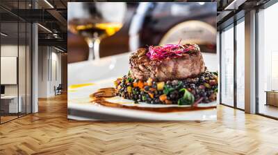 Beef Steak. Grill beef steak black lentils mixed with vegetable. Cognac or brandy as drink. Culinary food in hotel pub or restaurant Wall mural