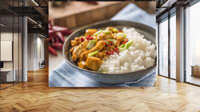 Chicken curry rice chili and young onion in bowl Wall mural