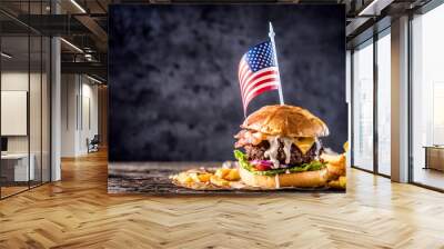 close-up home made beef burger with american flag and fries on wooden table Wall mural