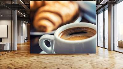 Coffee break business. Cup of coffee mobile phone croissants and newspaper. Wall mural