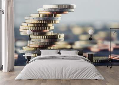 Euro coins. Euro money. Euro currency.Coins stacked on each other in different positions. Money concept. Wall mural