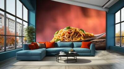 Italian pasta spaghetti with tomato sauce basil and parmesan cheese in white plate Wall mural