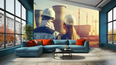 Male and female nuclear plant construction workers oversee the project building. Goenerative AI Wall mural