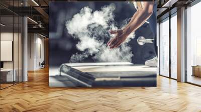 Muscular weightlifter woman clapping hands before barbell workout at the gym with dumbbells Wall mural