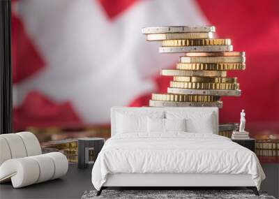 National flag of switzerland and euro coins - concept. Euro coins. Euro money. Euro currency Wall mural