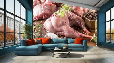 Portioned rabbit legs and saddle with herbs and spices on butcher board Wall mural