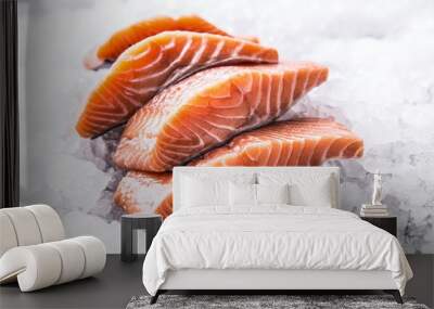 Salmon fillets portioned on ice and empty kitchen board Wall mural