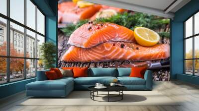 Salmon Fish..Raw salmon fillet pepper salt dill lemon rosemary on wooden table. Wall mural