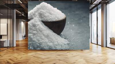 Salt. Coarse grained sea salt on granite - concrete  stone background with vintage spoon and wooden bowl. Wall mural