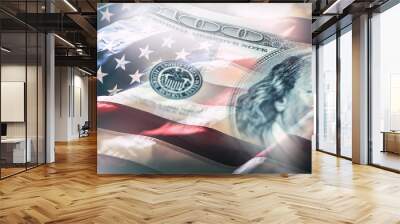 USA flag and American dollars. American flag blowing in the  wind and 100 dollars banknotes in the background. Wall mural