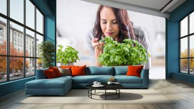 Young brunette woman holding and smelling lovely green basil in her kitchen Wall mural