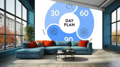 30 60 90 Day Plan strategy infographic diagram banner template with icon vector has learn, implement and optimize. 3 phases strategic outline outlining goals and actions for success in projects. Wall mural