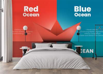 The marketing red ocean and blue ocean vector presentation compare 2 markets called blue ocean strategy concept for analyzing business plan.An illustration is 3D design with boat origami or paper ship Wall mural