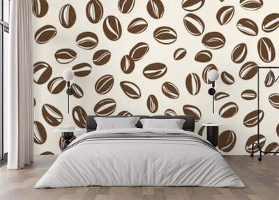 A seamless pattern featuring stylized brown coffee beans scattered across a light background Wall mural