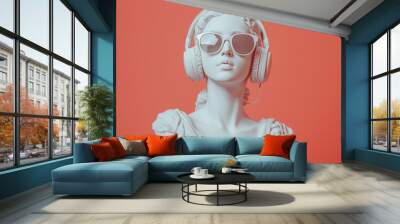 A white antique-style female bust wearing modern headphones and sunglasses against a vibrant background. Wall mural