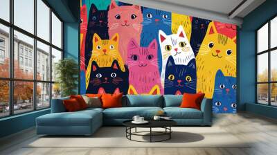 Seamless lively pattern featuring cartoon cats in a variety of bold colors, each with unique expressions on a colorful background. Wall mural