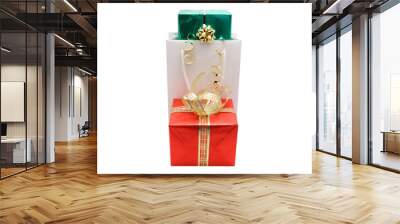 Wrapped gift boxes with gold silver ribbon isolated on white bac Wall mural