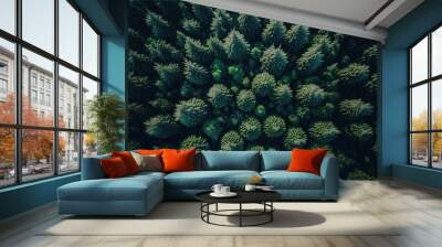 Aerial view of green summer forest. Generative illustration Wall mural