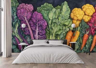 Detailed botanical drawing of vegetable harvest Wall mural